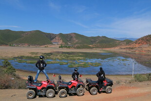 四人沙滩车骑行于湖畔