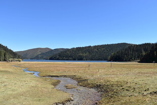 山间干涸湖景与溪流