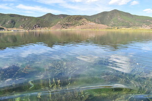 清澈湖水映远山美景