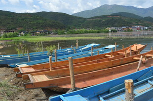 岸边多彩船只静泊于湖畔