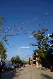 乡村街道彩旗飘扬的景象