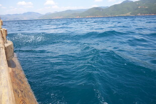 海边木栈道旁的蓝色波涛