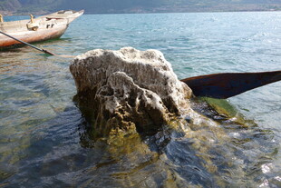 水中孤石与岸边小船