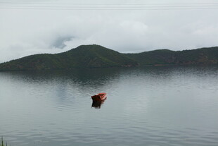 水面飞鸟与远山景致