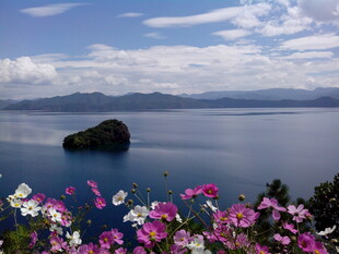 湖畔繁花与孤岩美景