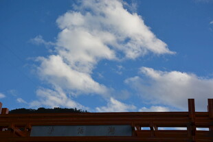 蓝天飘白云下的木质结构