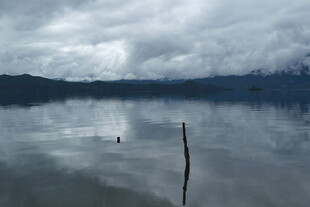 宁静湖面与远方阴沉天空