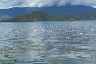 宁静湖水与远处山峦景色
