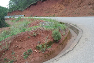 蜿蜒山间公路旁的红土坡