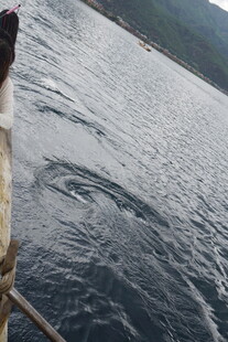 船行海面泛起层层波纹