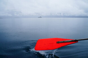 红色船桨划动平静水面