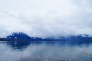 云雾缭绕的静谧湖景