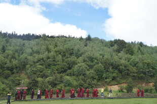 山林中的团队活动场景