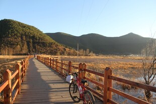 湖畔木栈道上的骑行风景