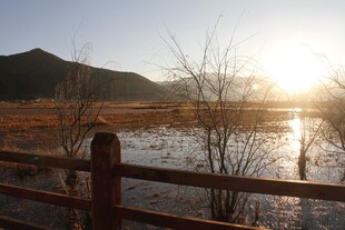 夕阳下的湖畔木栏美景