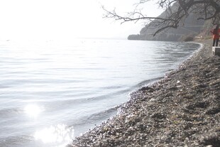 宁静湖畔的碎石岸边