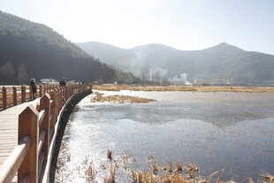 湖畔木栈道的秀丽风光