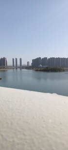 湖畔沙滩与远处城市景观