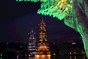 古塔夜景与葱郁绿树