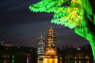 夜下古塔旁的璀璨发光树