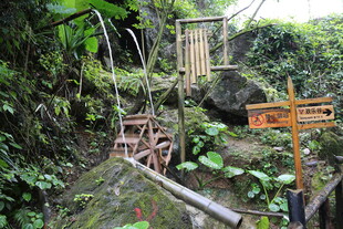 丛林中的古朴水车与路标