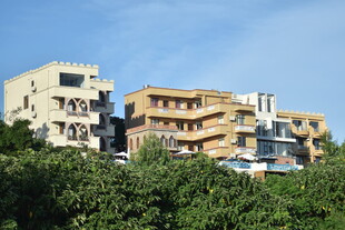 多彩楼房隐于绿树间