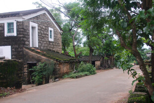 乡村路旁的古朴木质房屋