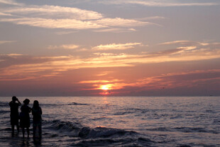 海边日落时的人群剪影