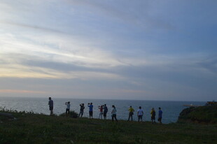 海边黄昏下的人群剪影