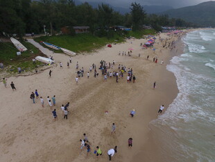 热闹的海滨沙滩游玩场景