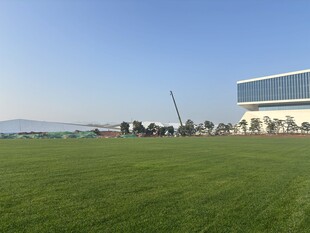 开阔绿草地旁的现代建筑