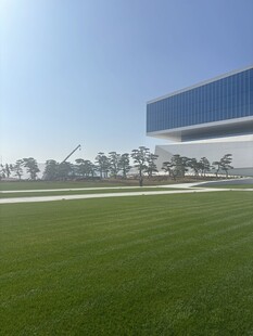 现代建筑旁的大片绿茵草地