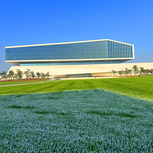 现代建筑旁的葱郁绿地