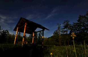 夜幕下的户外木质凉亭