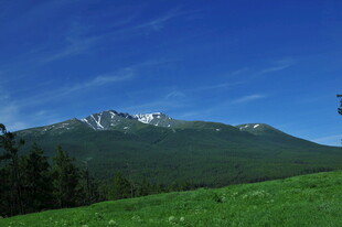 青山绿野间的巍峨雪山