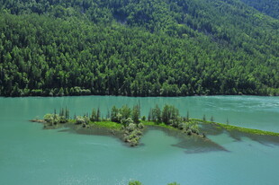 翠绿山林环绕的碧绿江心岛