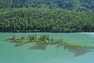 翠绿山林环绕的碧绿水域