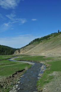 山间溪流穿草地