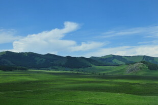 广袤草原与远处山峦美景