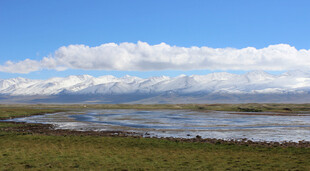草原湖泊与蓝天白云美景