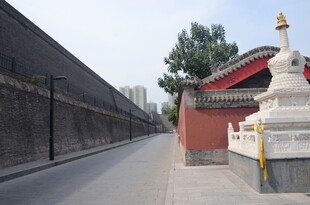 古墙边的白色佛塔景观