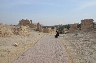 沙漠中一人漫步古老遗迹