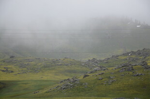 山间雾霭中的草地与岩石