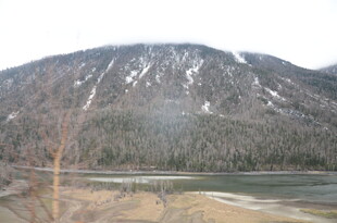 雪山下的开阔河岸风光