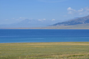 辽阔湖畔草原与远山美景