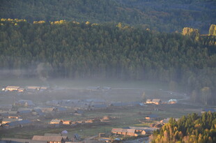 晨雾中的山村美景