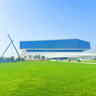 蓝顶建筑旁的翠绿草坪