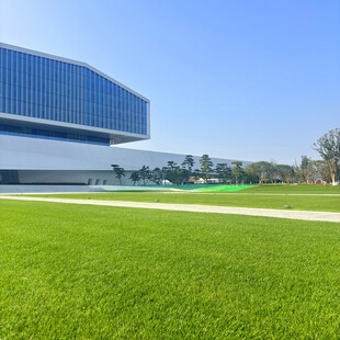 现代建筑旁的翠绿草坪