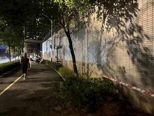 夜晚街边墙旁的静谧景象