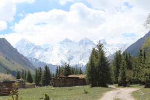 山间草原木屋与巍峨雪山